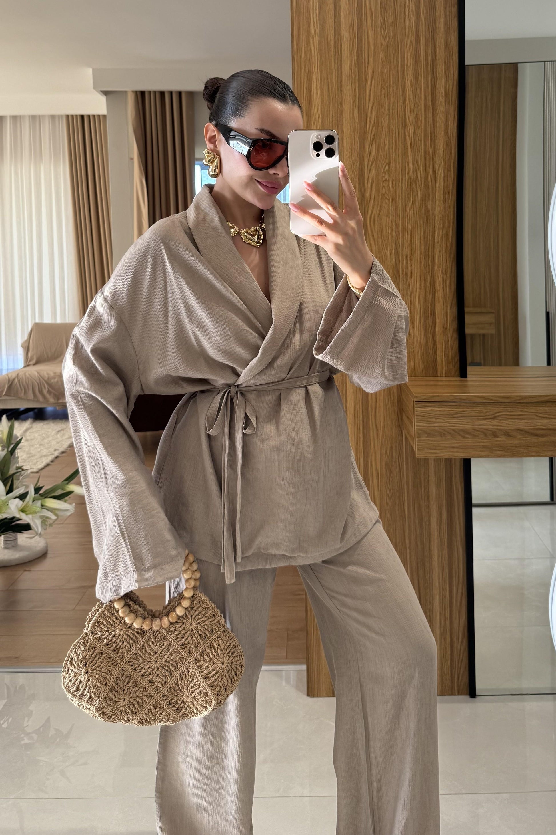 Fioren Kahve Kimono Pantolon Kuşaklı Takım