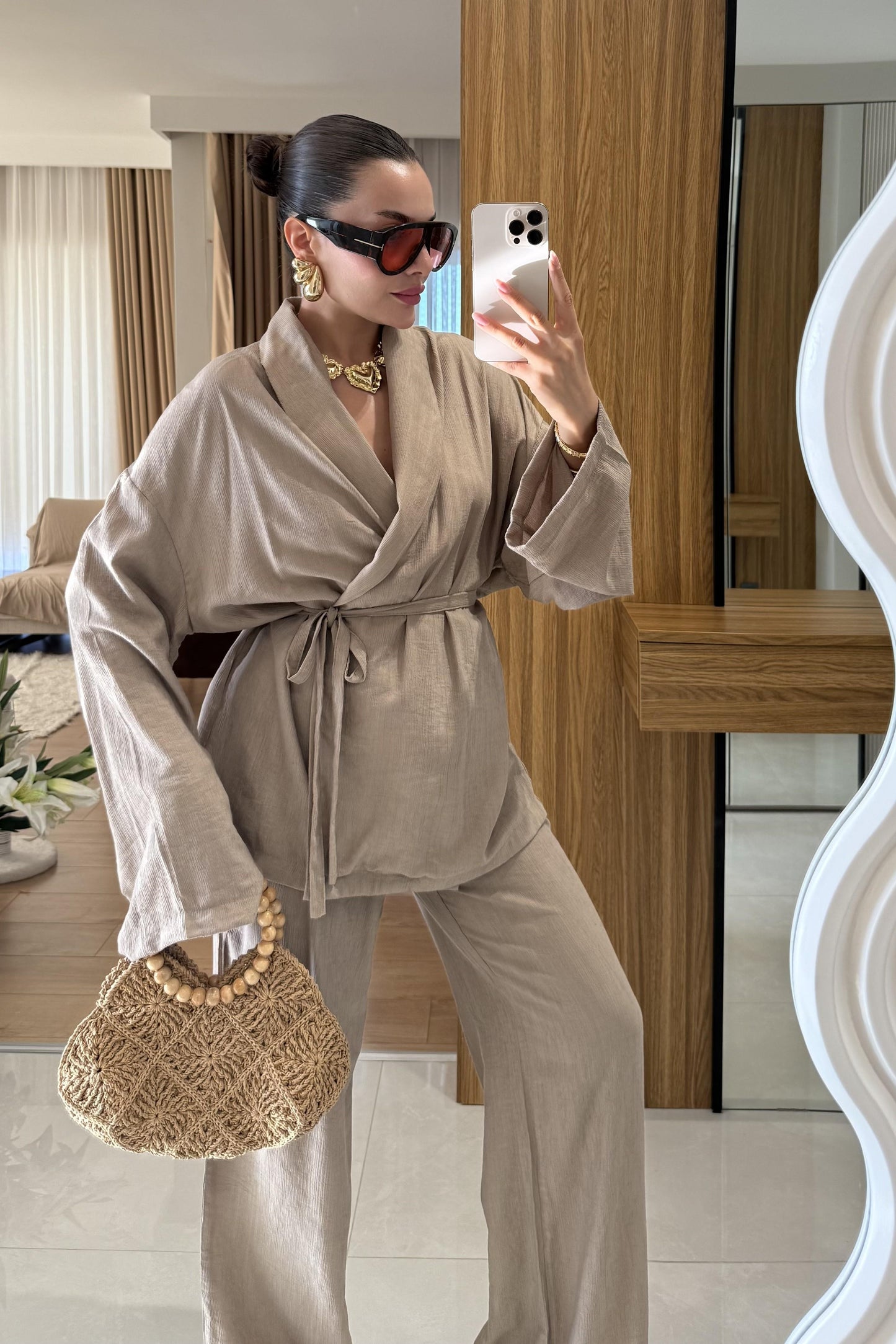 Fioren Kahve Kimono Pantolon Kuşaklı Takım