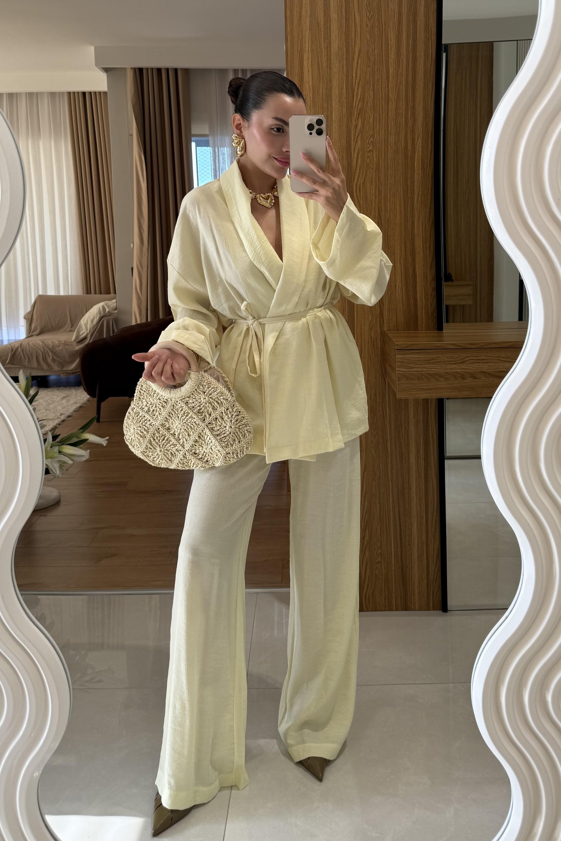 Fioren Sarı Kimono Pantolon Kuşaklı Takım