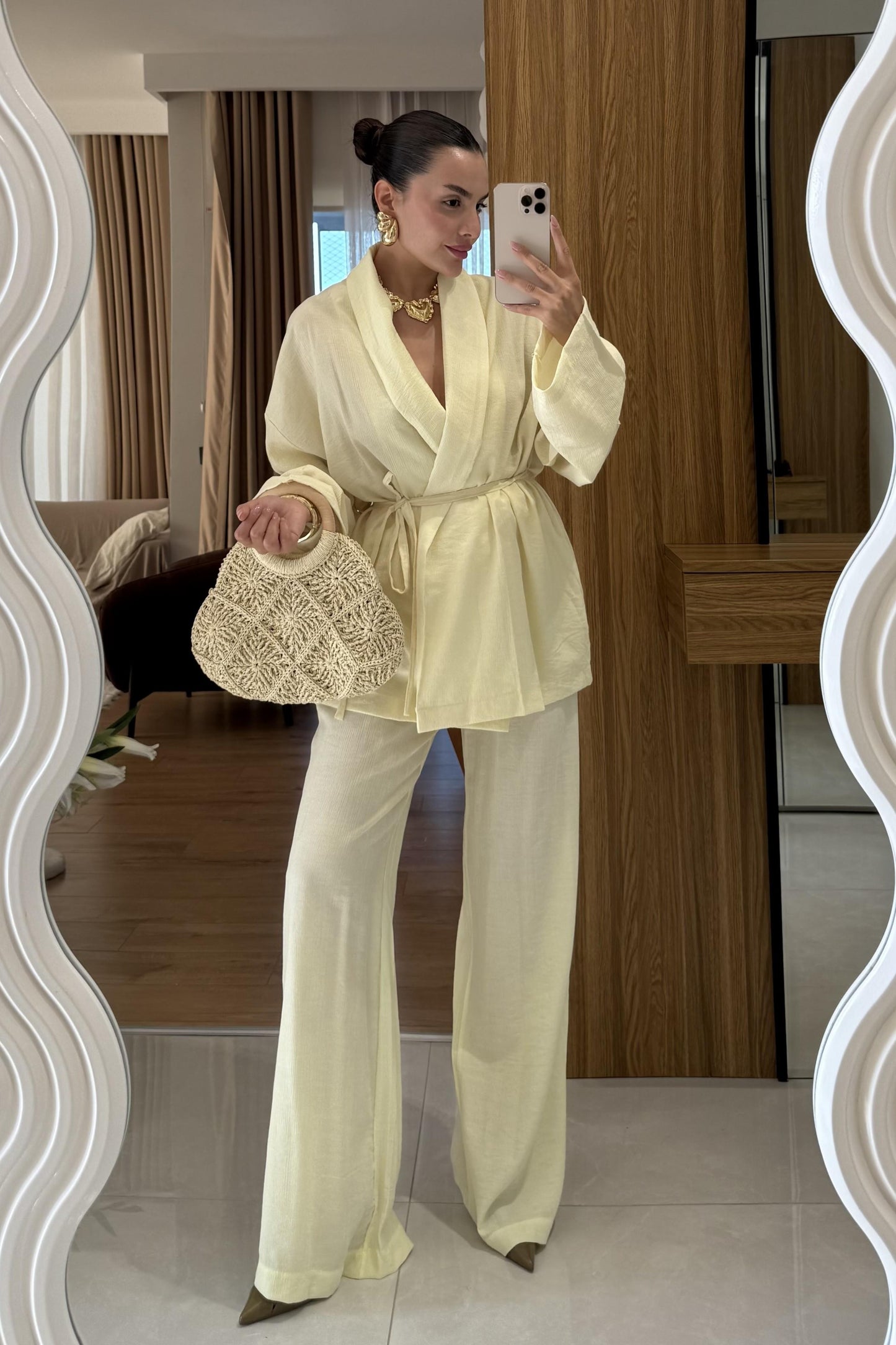 Fioren Sarı Kimono Pantolon Kuşaklı Takım