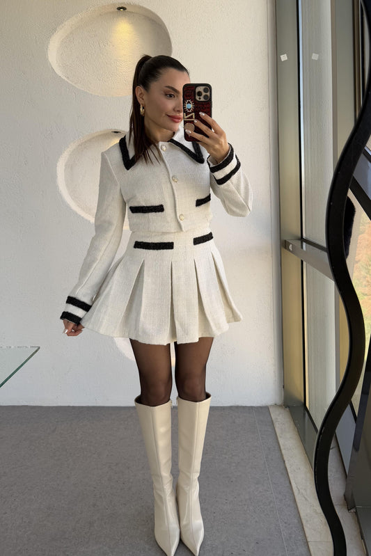 Flamengo Ekru Ceket Piliseli Mini Etek Takım