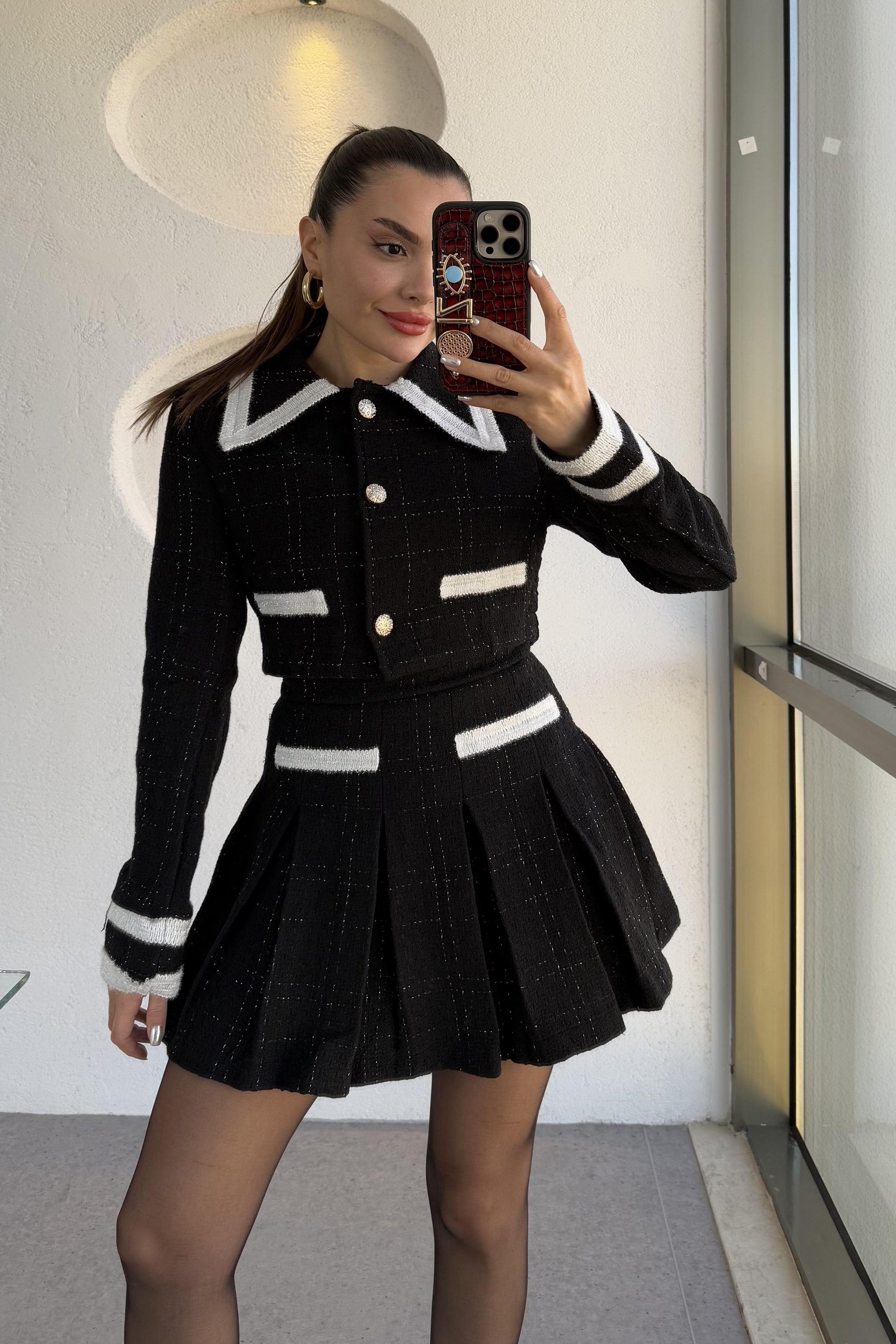 Flamengo Siyah Ceket Piliseli Mini Etek Takım