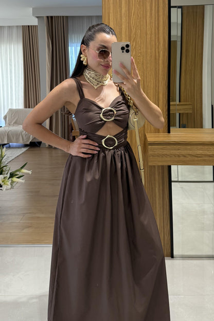 Fleur Aksesuarlı Kahve Elbise