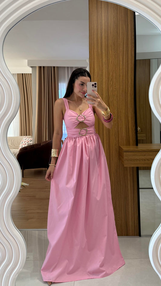 Fleur Aksesuarlı Pembe Elbise