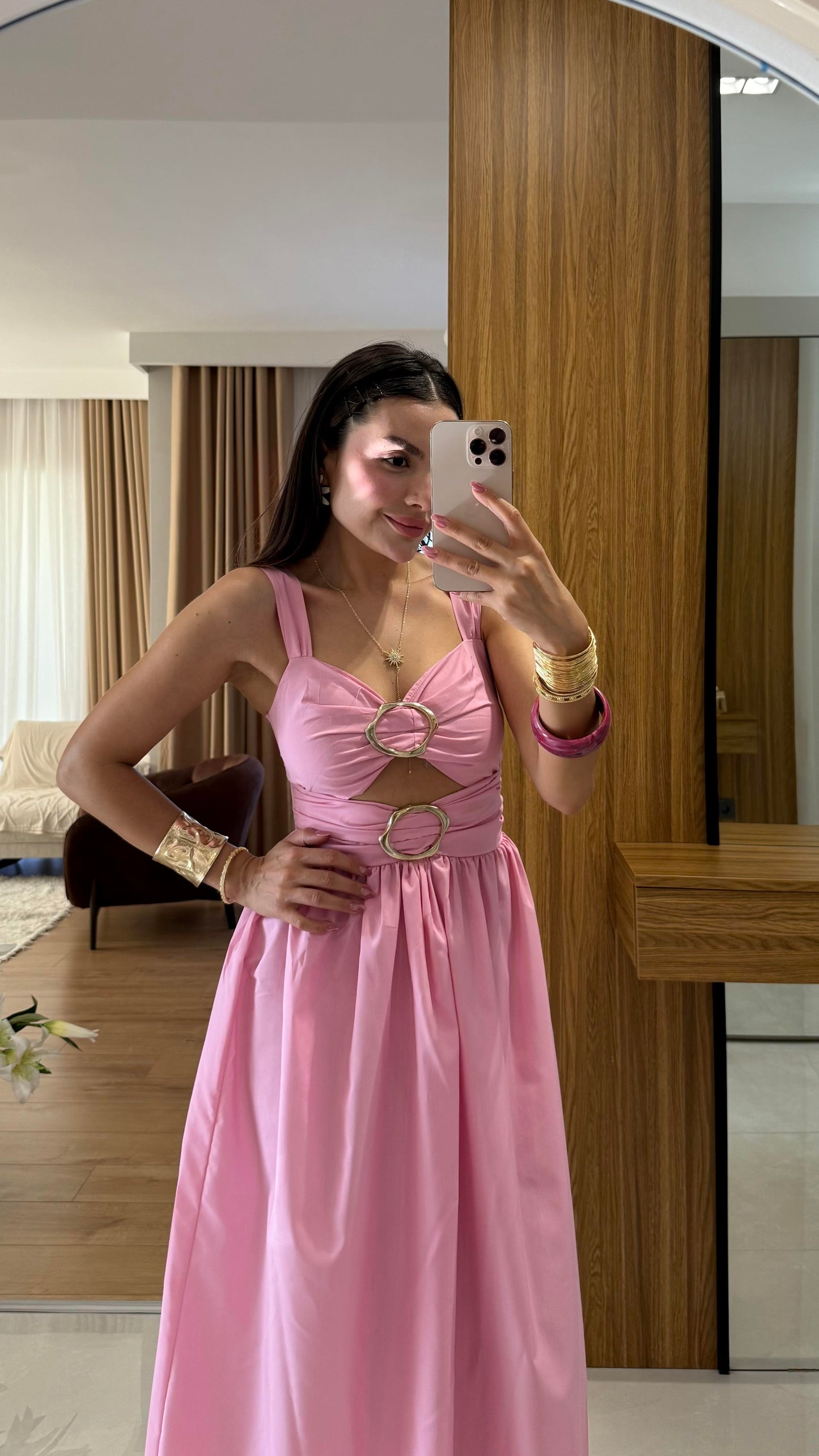 Fleur Aksesuarlı Pembe Elbise