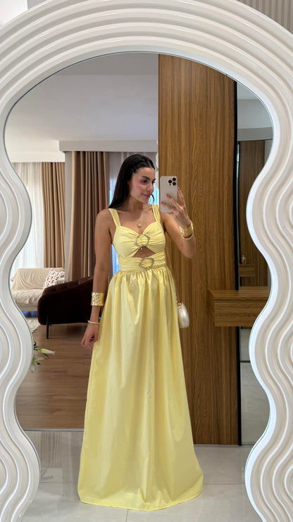 Fleur Aksesuarlı Sarı Elbise