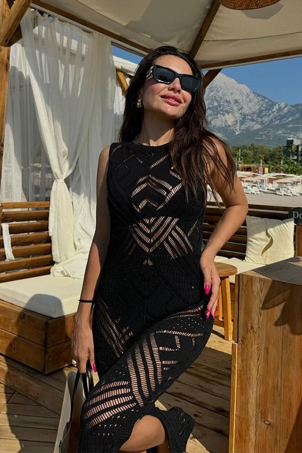 Flora Parıltılı Merserize Pareo -Siyah