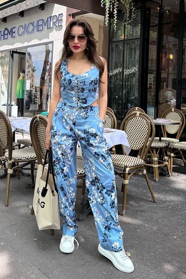 Flore Çiçek Desenli Balenli Takım-Mavi