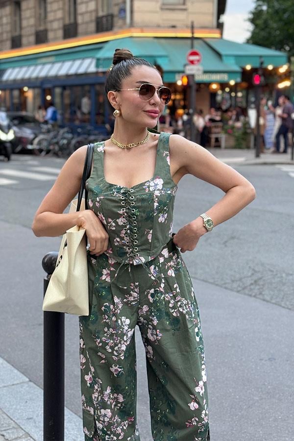 Flore Çiçek Desenli Balenli Takım-Yeşil