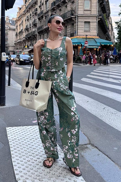 Flore Çiçek Desenli Balenli Takım-Yeşil