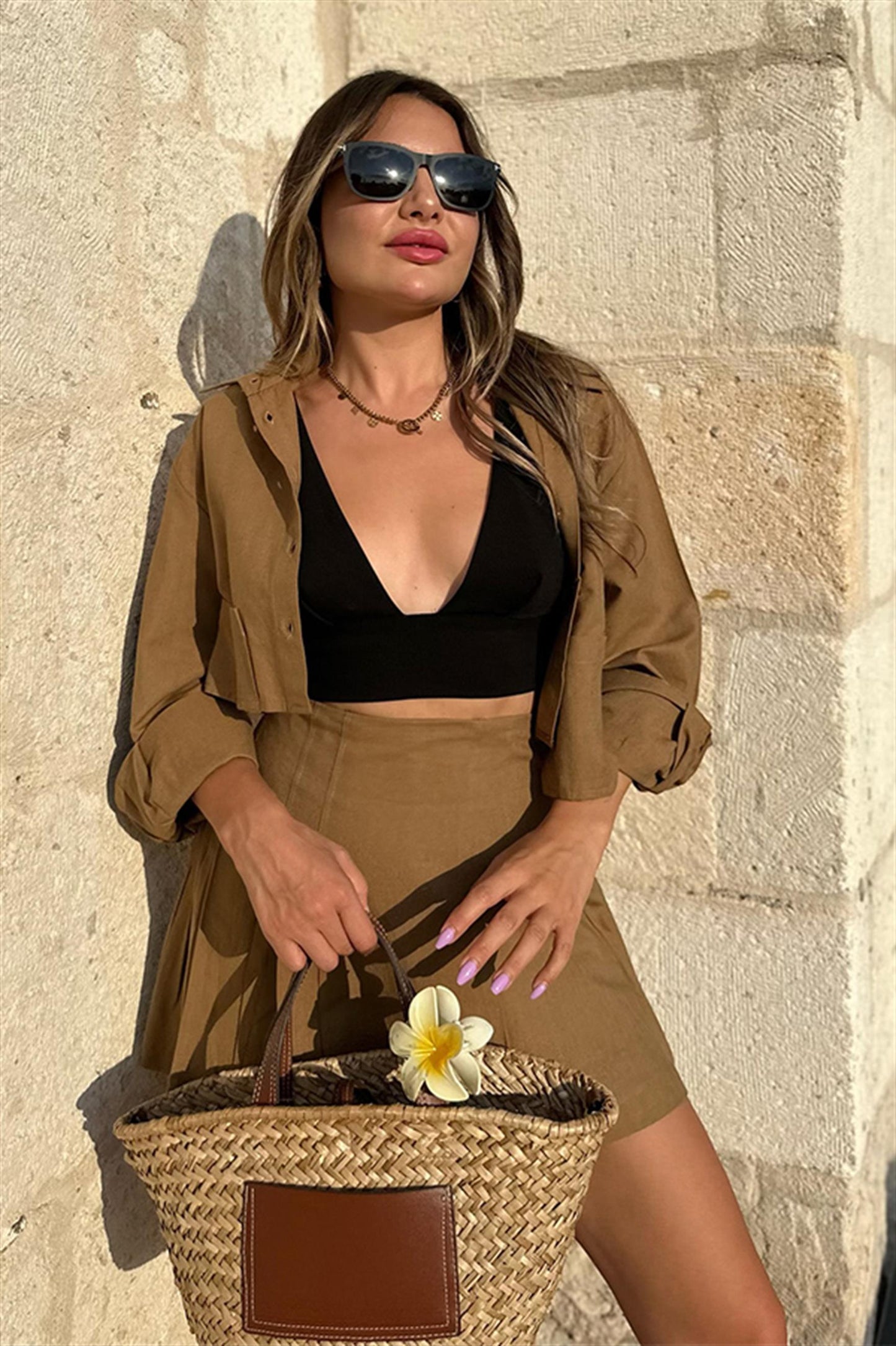 Flore keten şort etekli takım - Taba