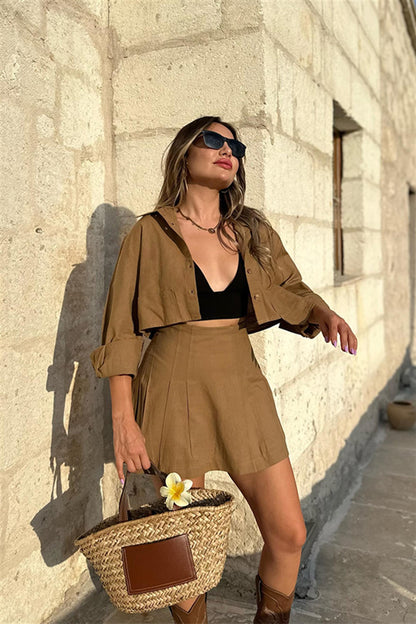 Flore keten şort etekli takım - Taba