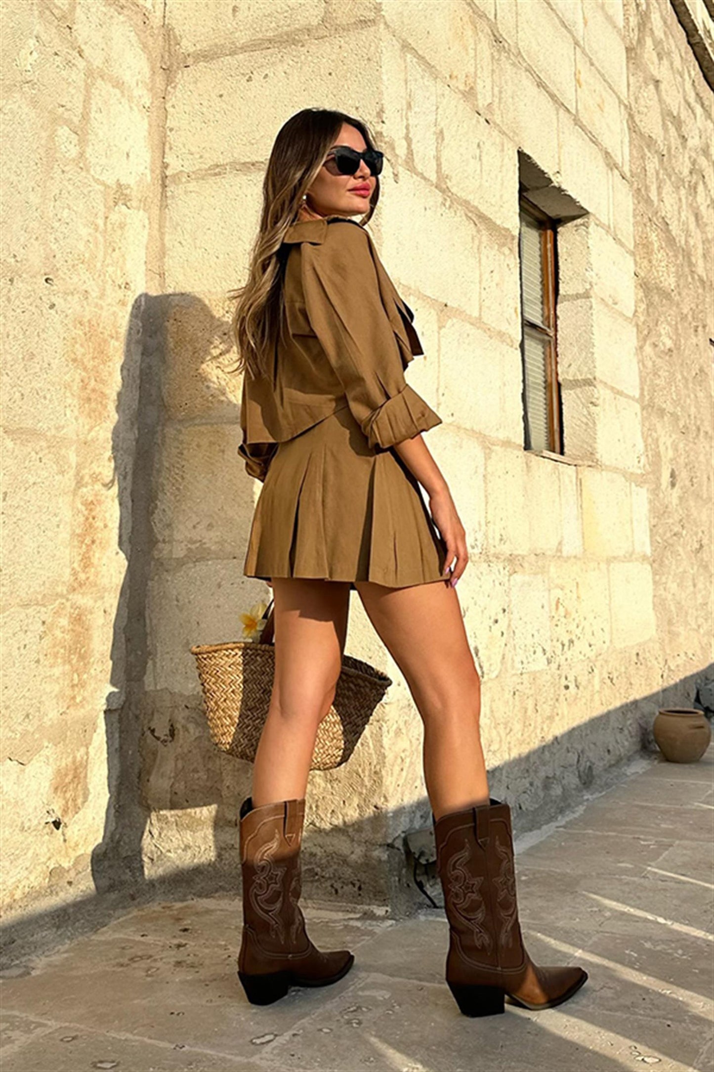 Flore keten şort etekli takım - Taba