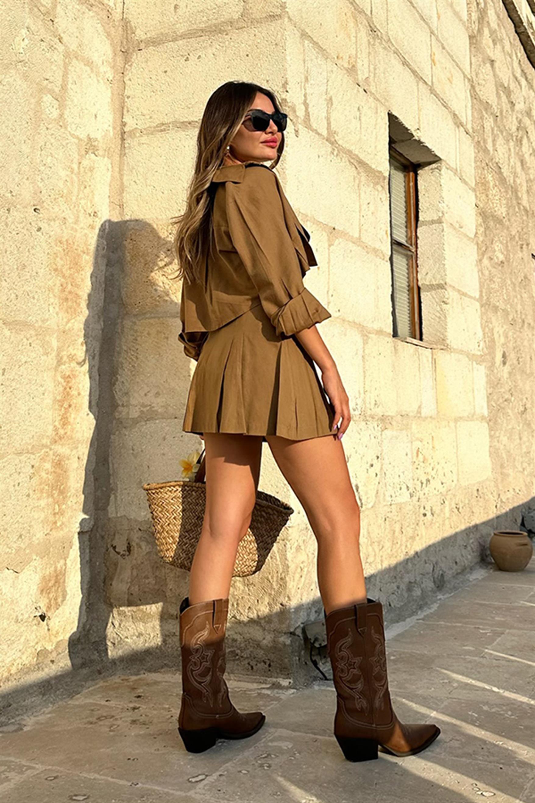 Flore keten şort etekli takım - Taba