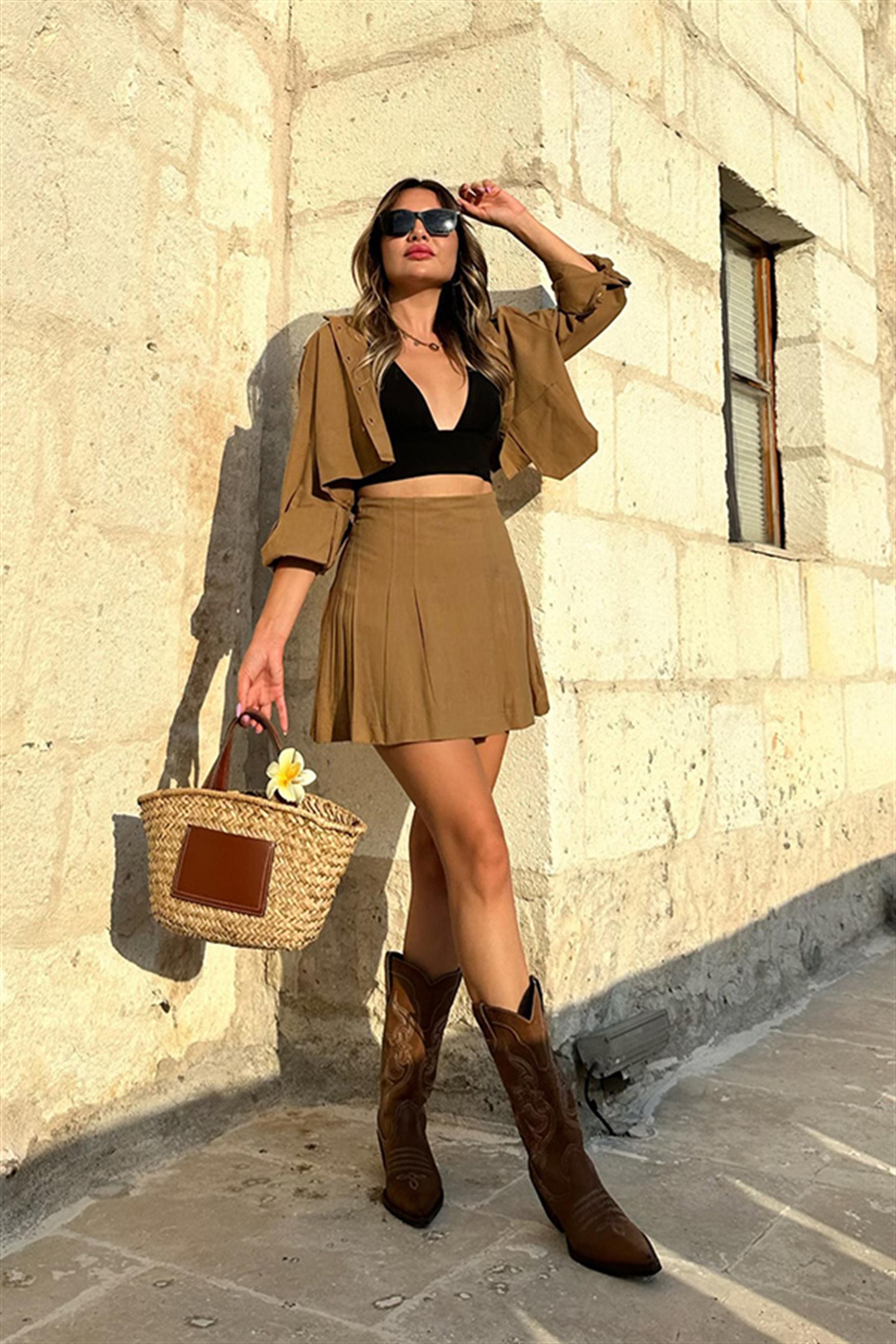 Flore keten şort etekli takım - Taba