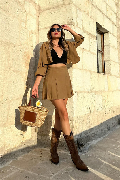 Flore keten şort etekli takım - Taba