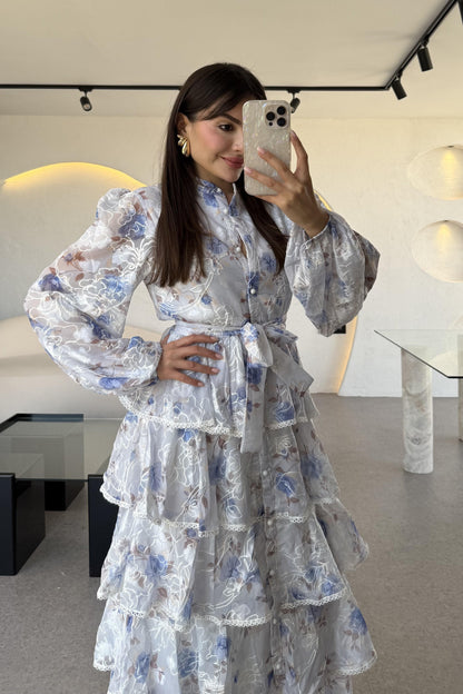 Floresta Mavi Çiçekli Tasarım Kat Kat Elbise