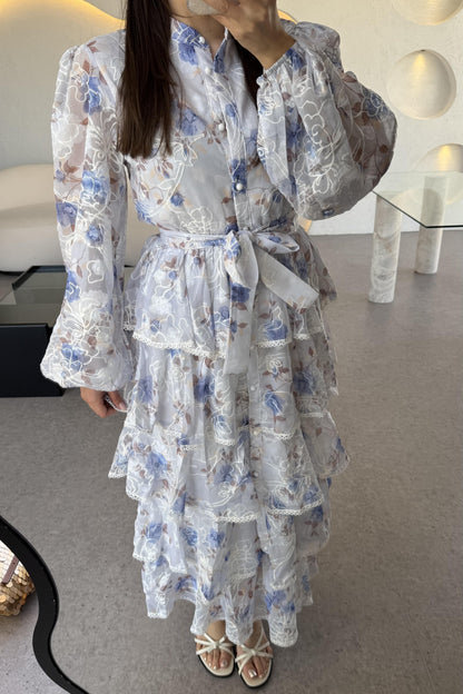 Floresta Mavi Çiçekli Tasarım Kat Kat Elbise