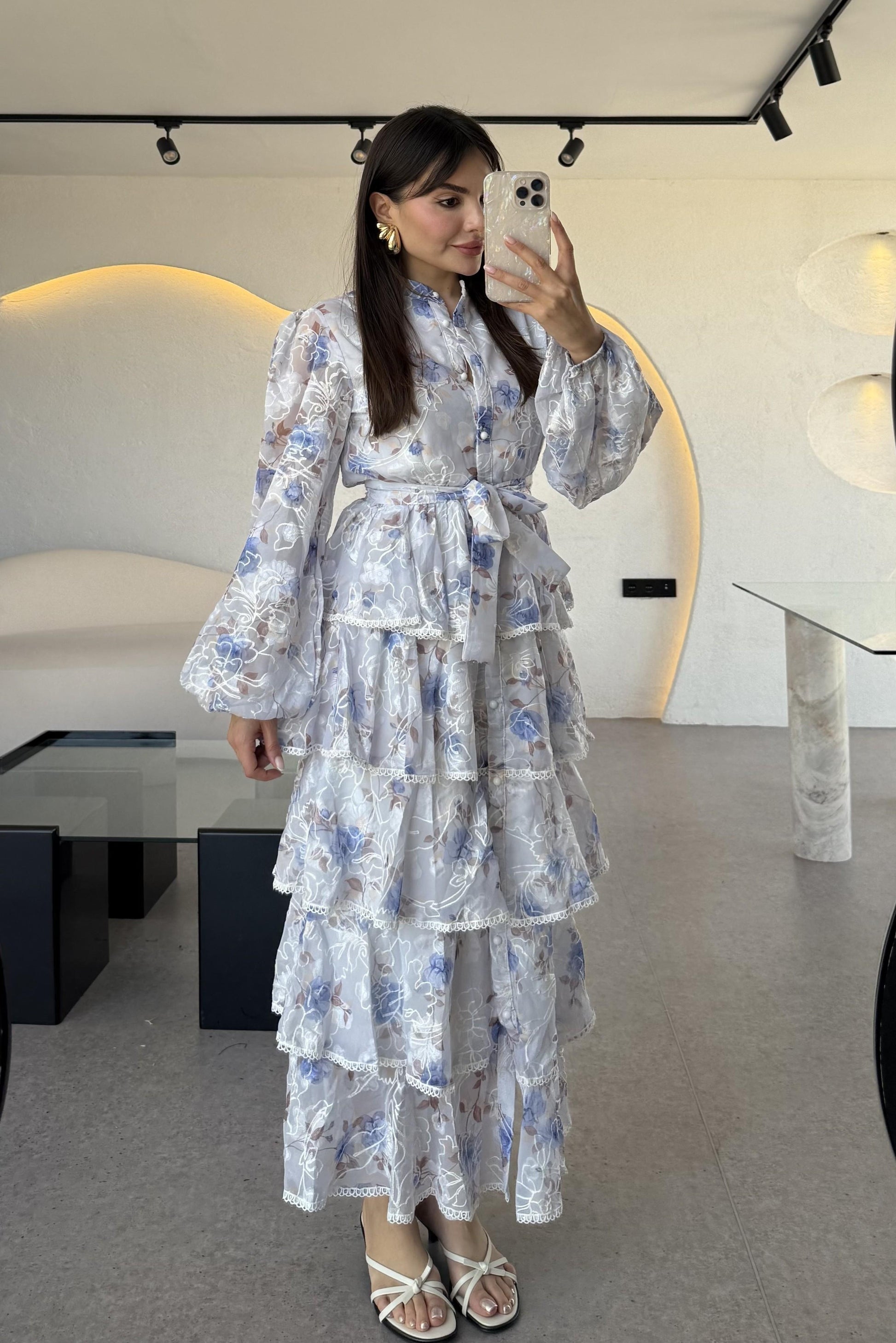 Floresta Mavi Çiçekli Tasarım Kat Kat Elbise