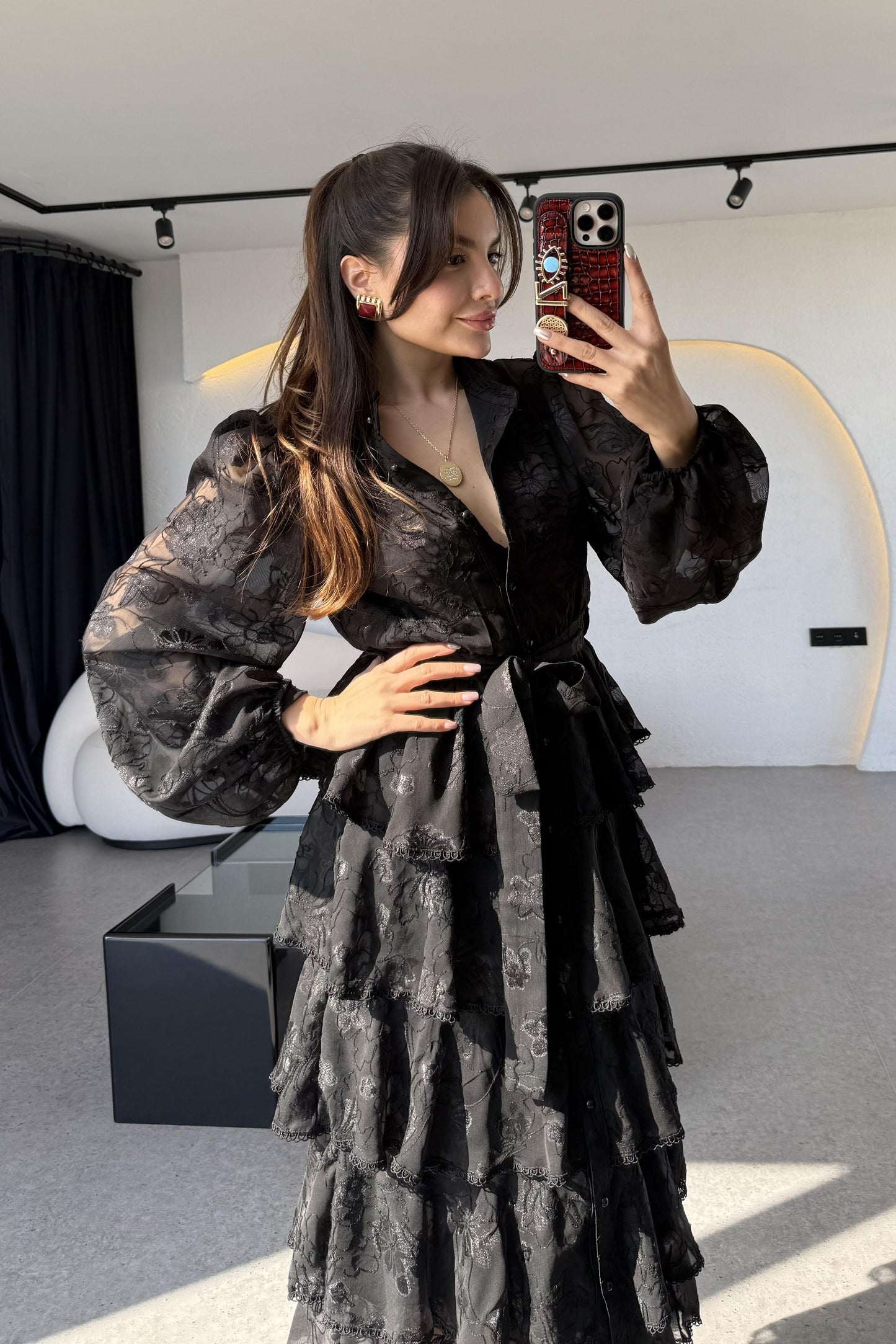 Floresta Siyah Tasarım Kat Kat Elbise