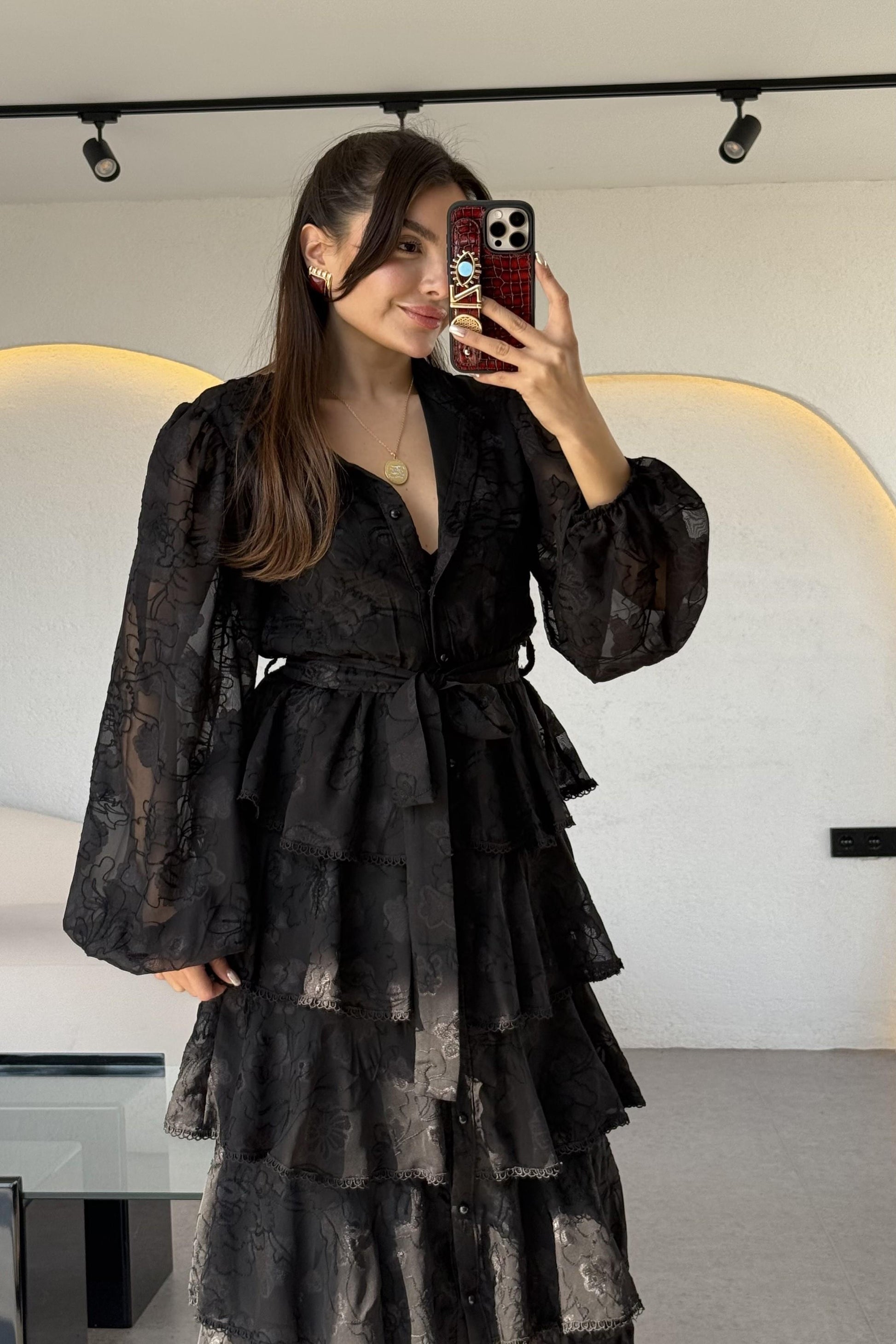 Floresta Siyah Tasarım Kat Kat Elbise