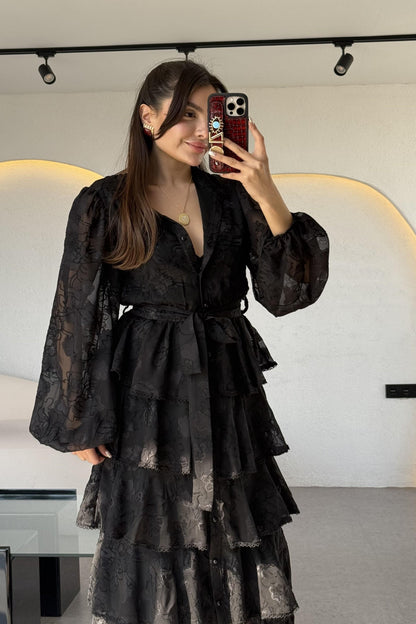 Floresta Siyah Tasarım Kat Kat Elbise