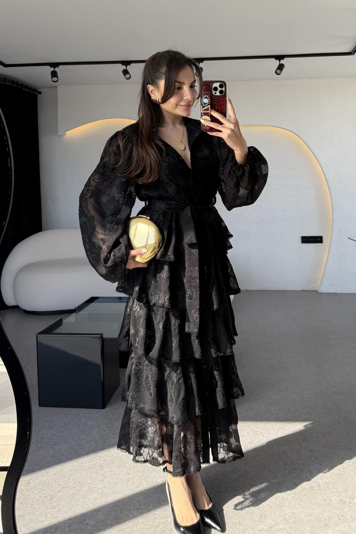 Floresta Siyah Tasarım Kat Kat Elbise