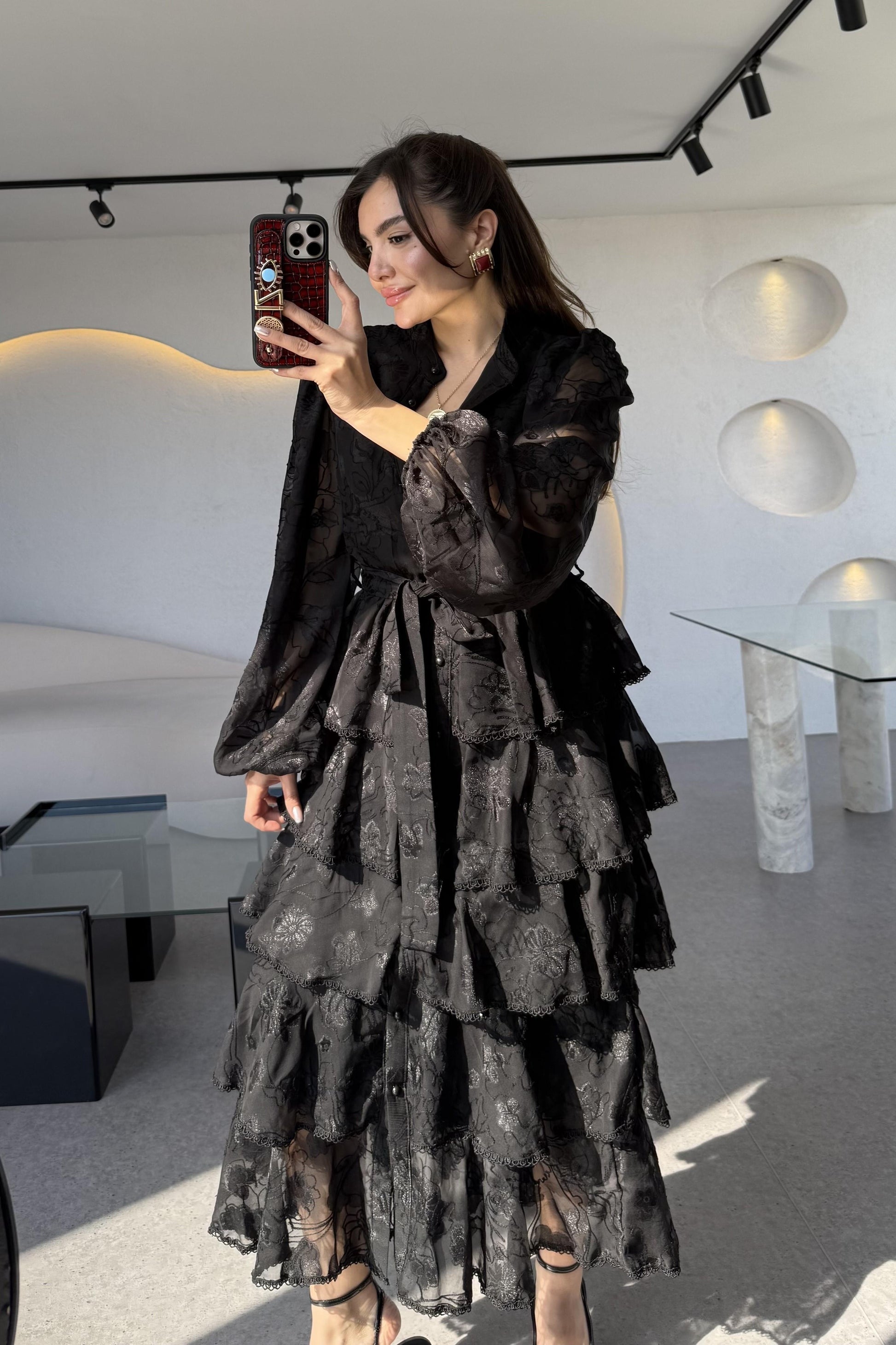 Floresta Siyah Tasarım Kat Kat Elbise