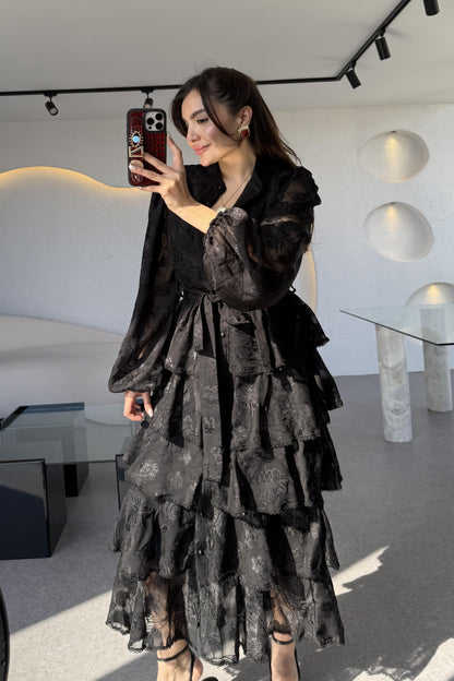 Floresta Siyah Tasarım Kat Kat Elbise