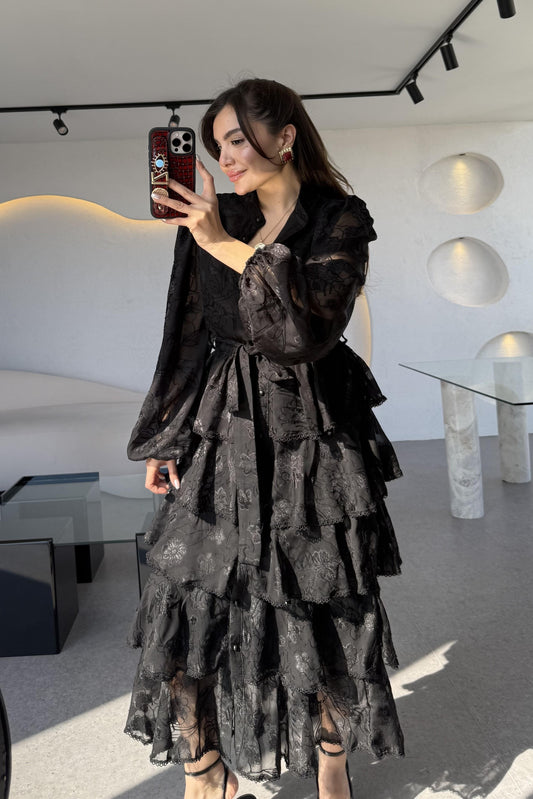 Floresta Siyah Tasarım Kat Kat Elbise