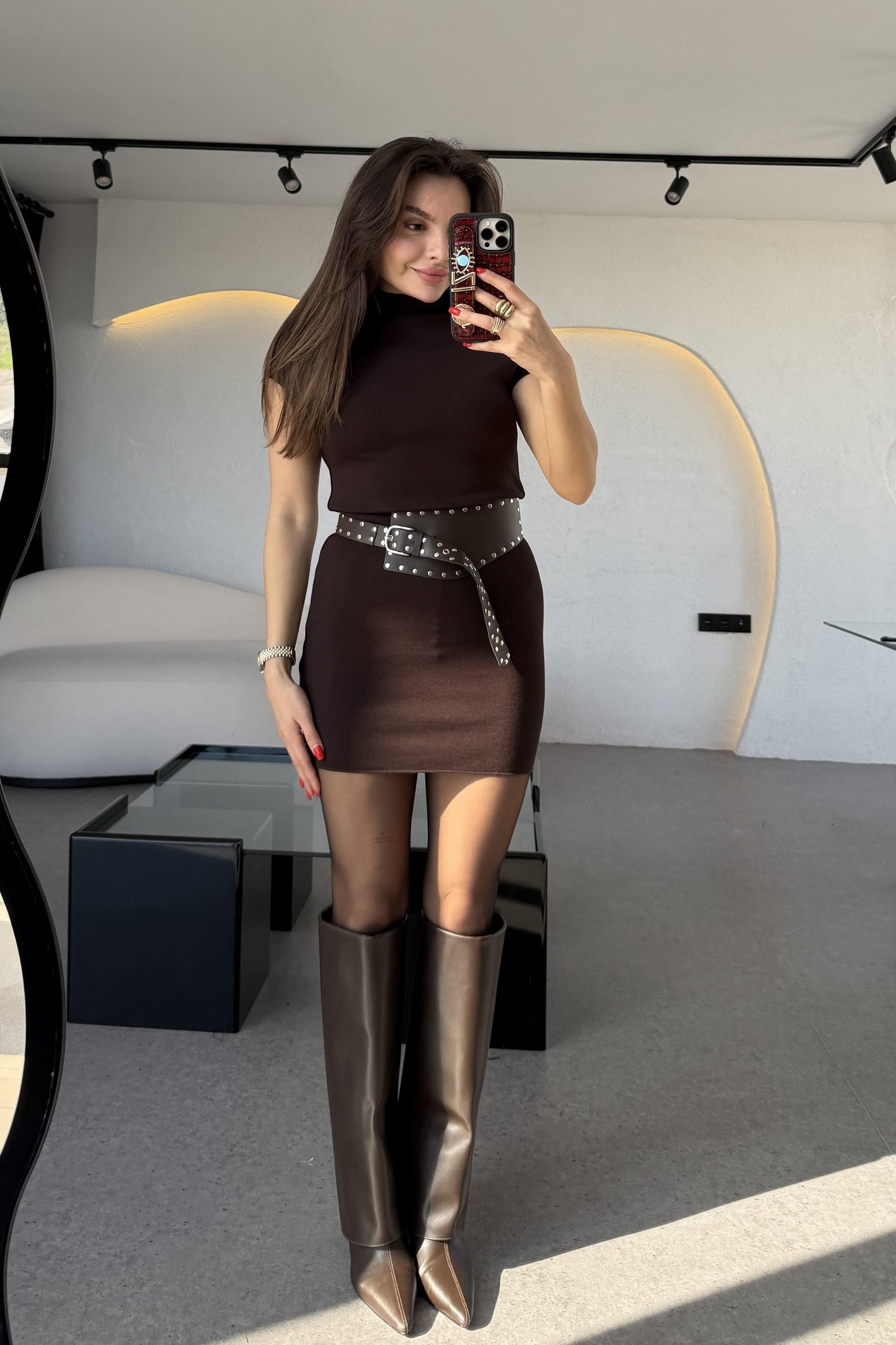 Fomax Acı Kayve Dik Yaka Streç Mini Elbise