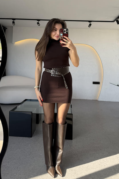 Fomax Acı Kayve Dik Yaka Streç Mini Elbise