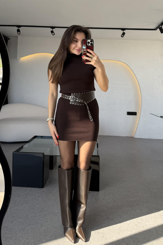 Fomax Acı Kayve Dik Yaka Streç Mini Elbise