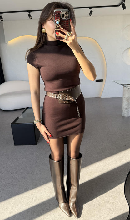 Fomax Acı Kayve Dik Yaka Streç Mini Elbise