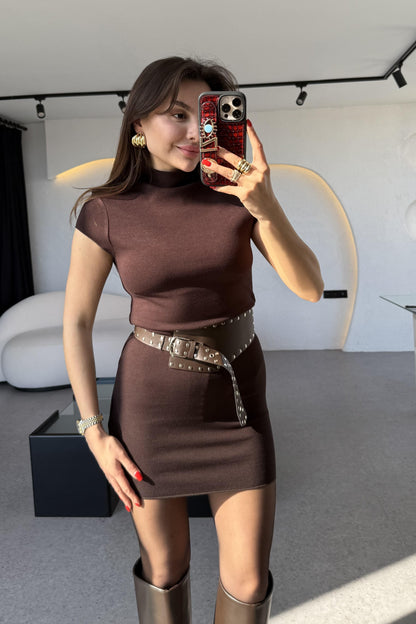 Fomax Acı Kayve Dik Yaka Streç Mini Elbise