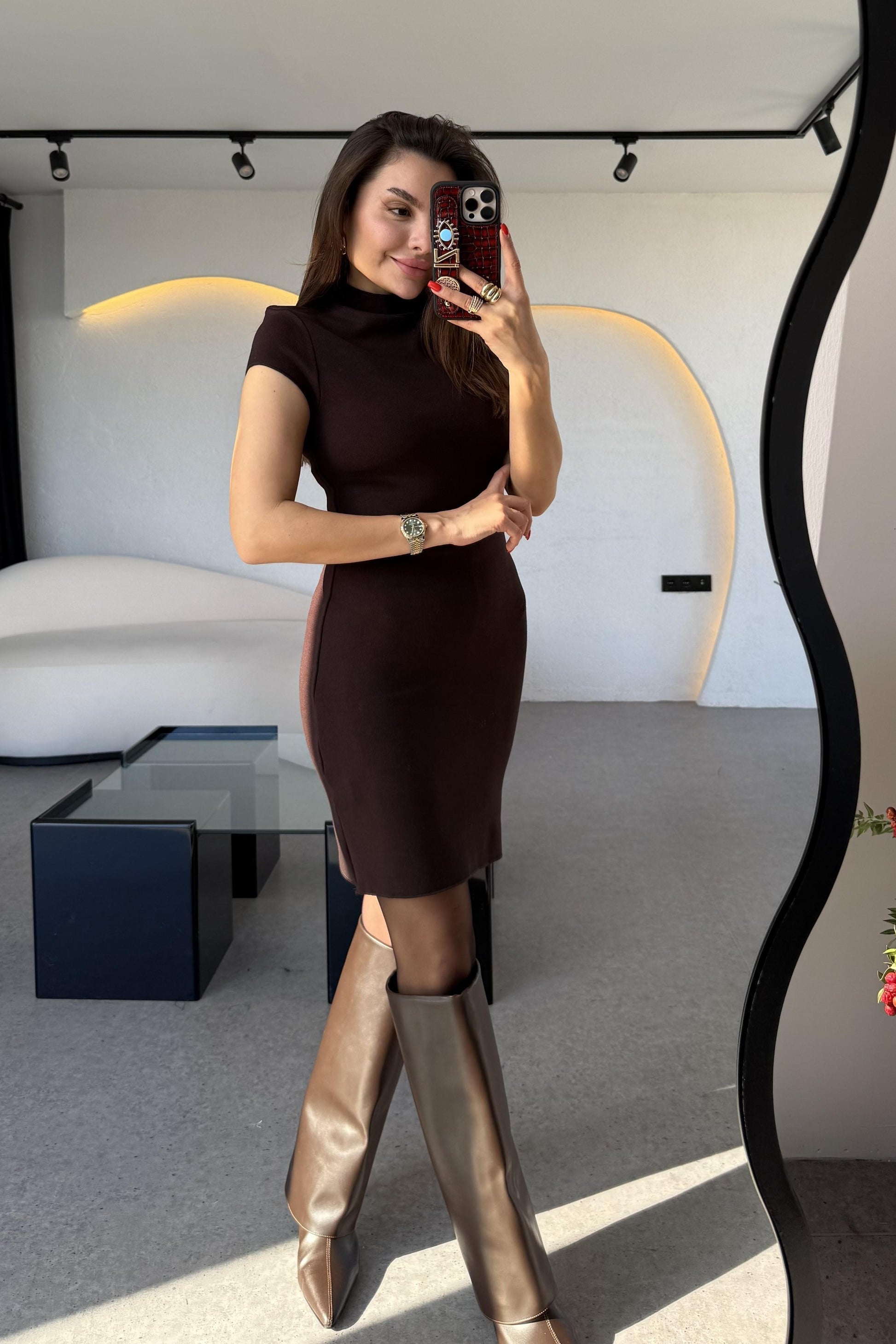 Fomax Acı Kayve Dik Yaka Streç Mini Elbise