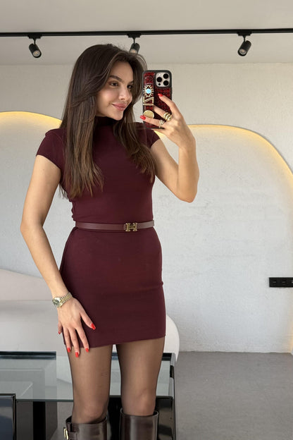 Fomax Bordo Dik Yaka Streç Mini Elbise