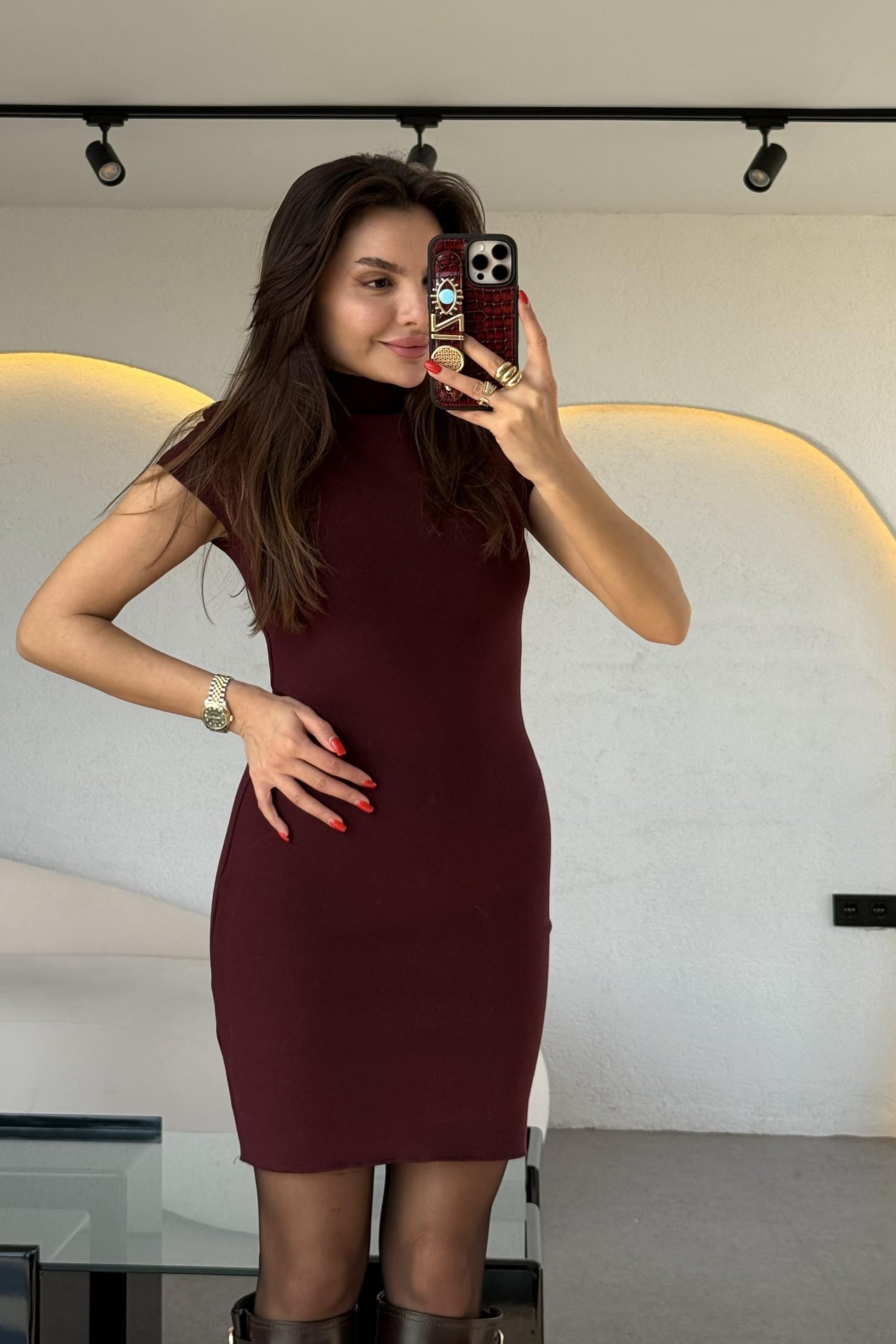 Fomax Bordo Dik Yaka Streç Mini Elbise