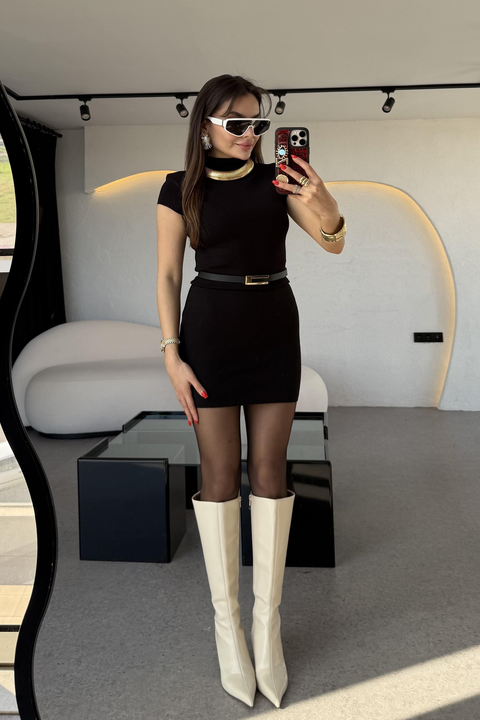 Fomax Siyah Dik Yaka Streç Mini Elbise