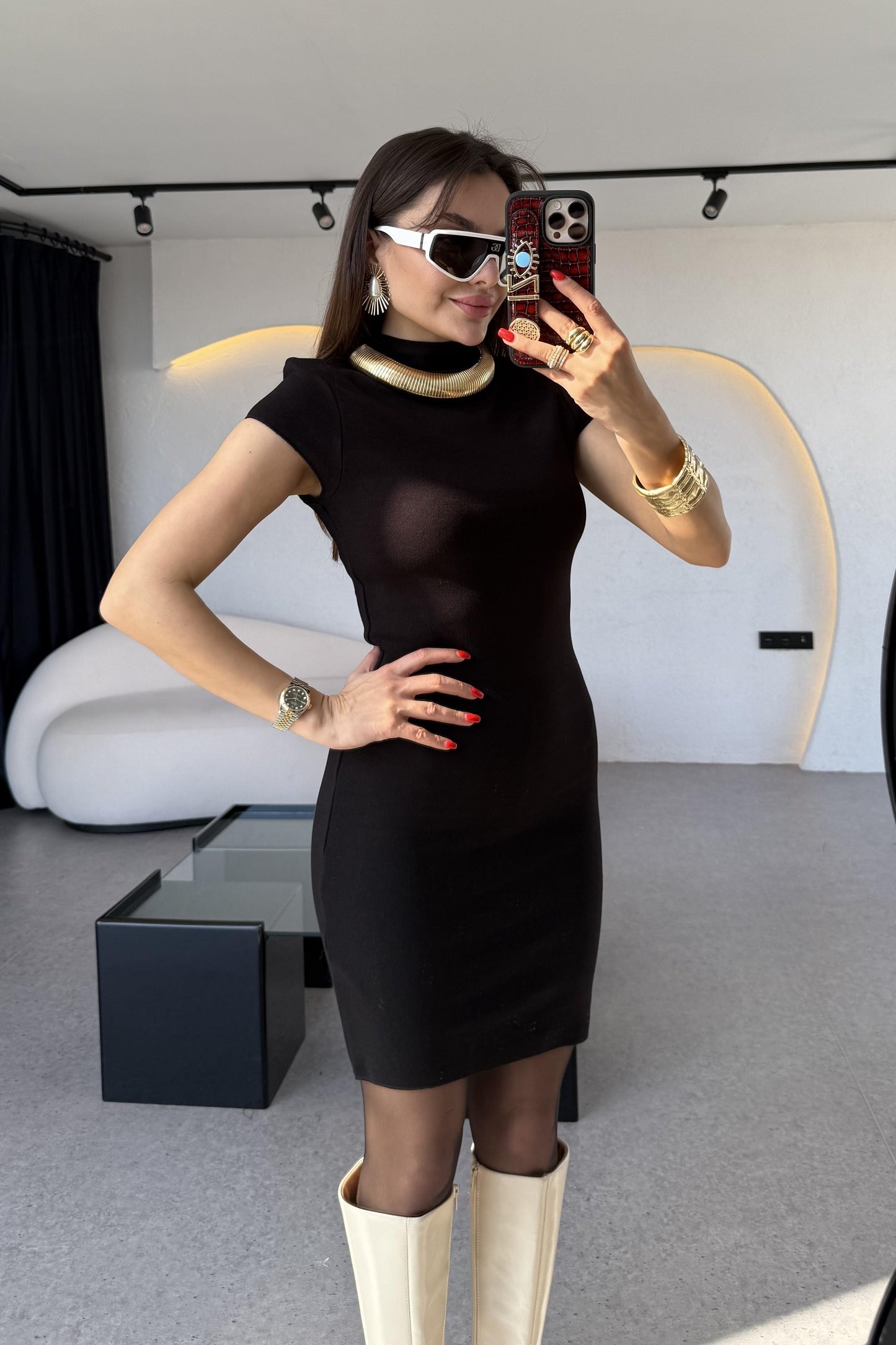 Fomax Siyah Dik Yaka Streç Mini Elbise