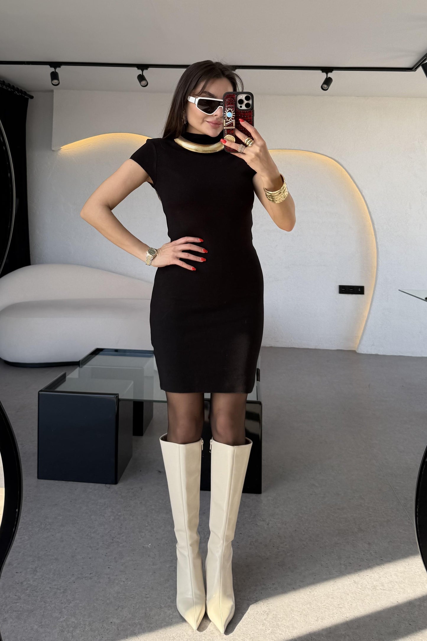 Fomax Siyah Dik Yaka Streç Mini Elbise