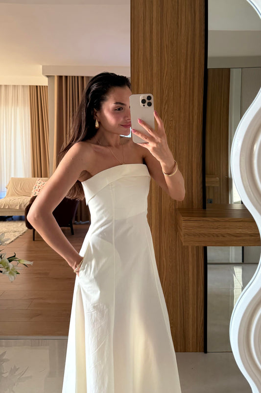Jolina Beyaz Straplez Cepli Çan Elbise