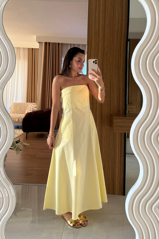 Jolina Sarı Straplez Cepli Çan Elbise