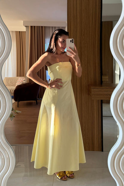 Jolina Sarı Straplez Cepli Çan Elbise