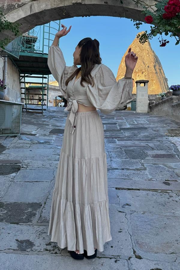 Forel Crop ve Maxi Etek Takım - Bej