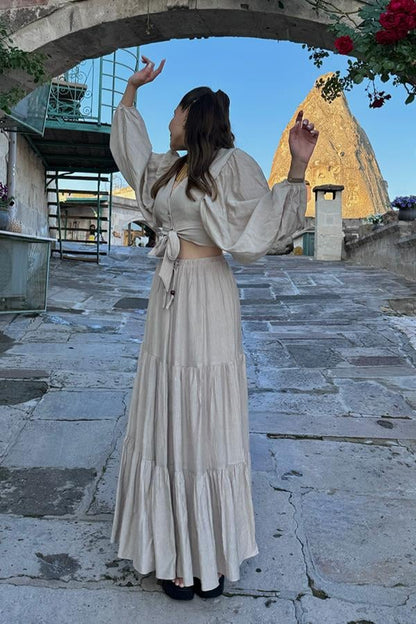 Forel Crop ve Maxi Etek Takım - Bej