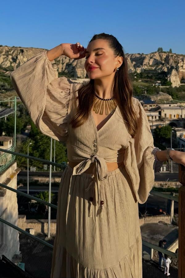 Forel Crop ve Maxi Etek Takım - Bej
