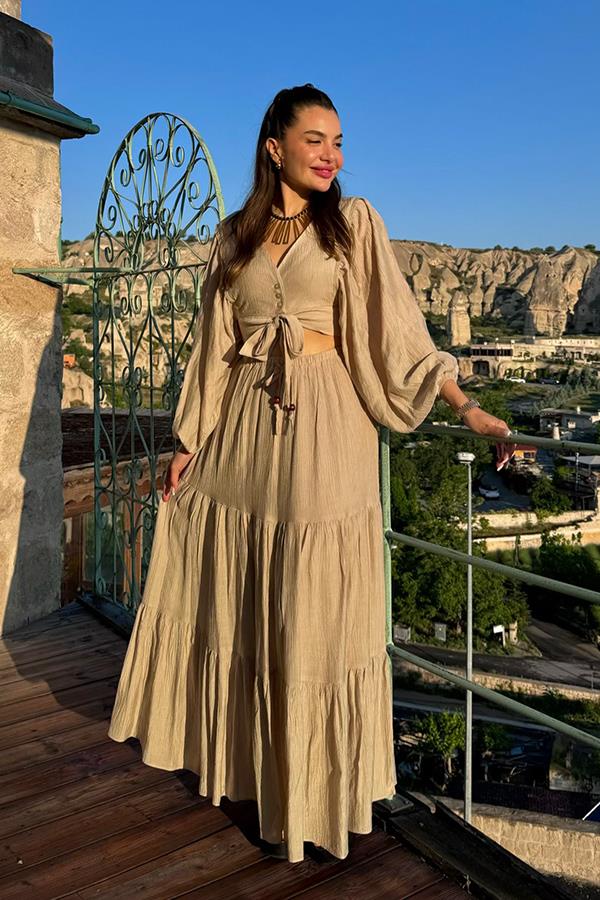 Forel Crop ve Maxi Etek Takım - Bej