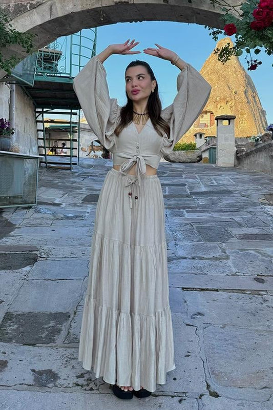 Forel Crop ve Maxi Etek Takım - Bej