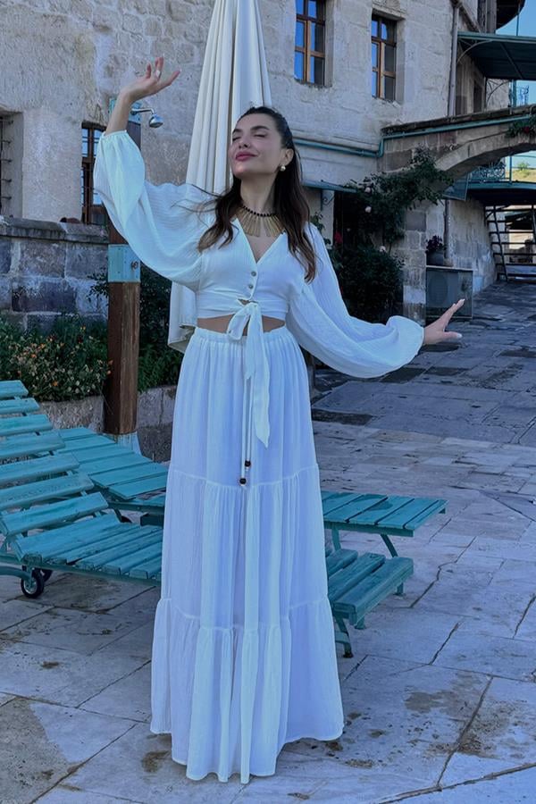 Forel Crop ve Maxi Etek Takım - Beyaz